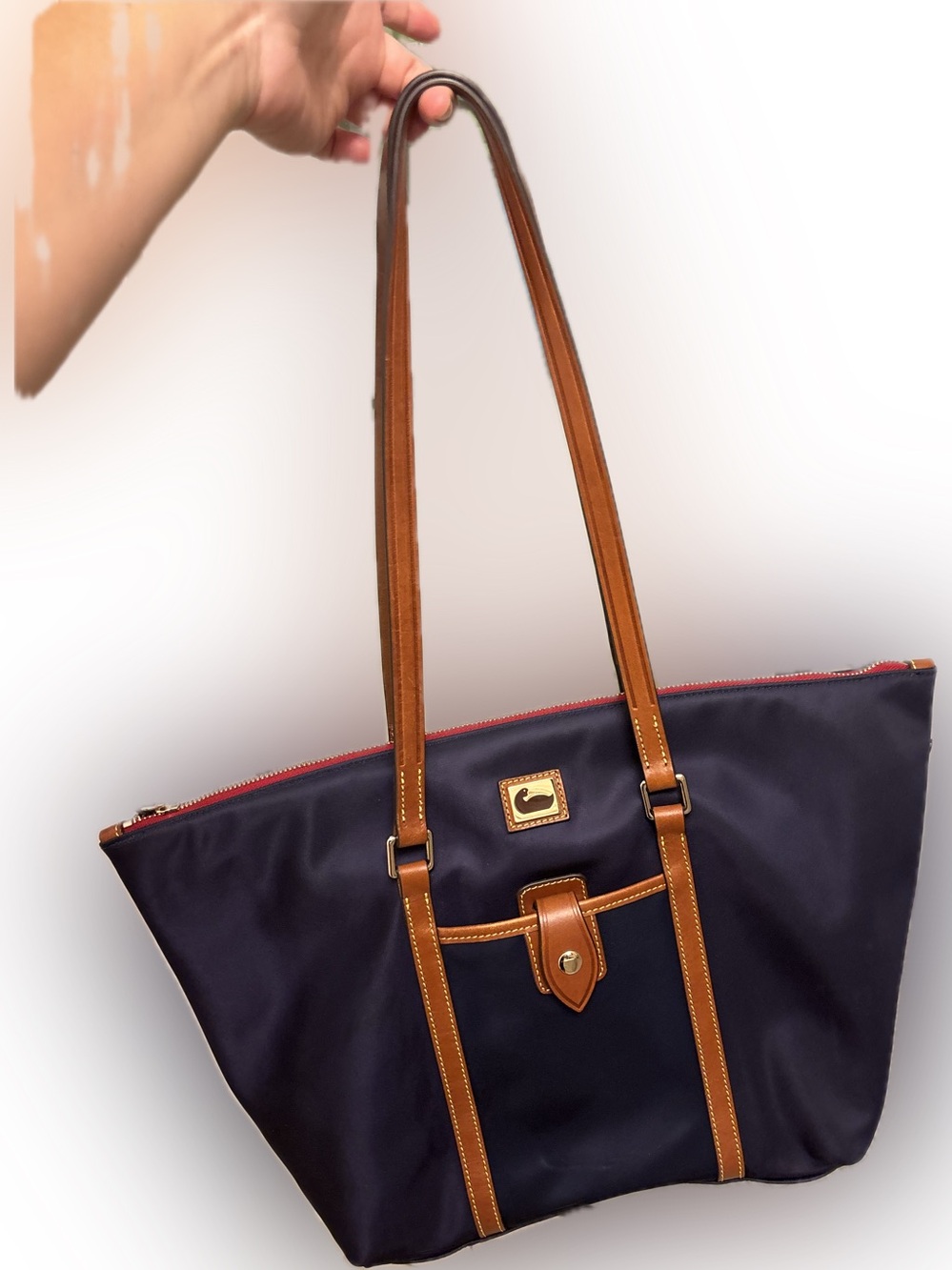 Dooney & Bourke Wayfarer Navy Tote with Brown Leather Trim and Red Zip